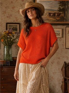 258 • Orange Knit Short-Sleeve Sweater